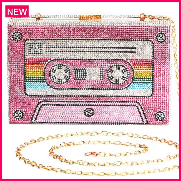 Handbags - Rhinestone Evening Clutch Purse Radio Shape Design Compact 7x4 Inches